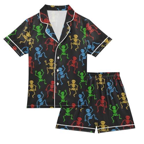 Funny Colorful Skulls (2) Summer Satin Pajama Set, Cute Button-Down Sleepwear Pj Set for Sleep Wears