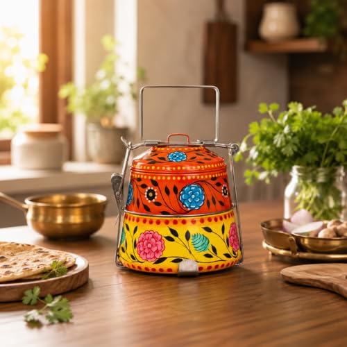 Image of iHandikart Handpainted Decorative Lunch Box Tiffin | Multiple Tier Stainless Steel Food Box | Designer Indian Print Tiffin for School | Diwali Gift, Navratri Gift (Color - Multicolor)