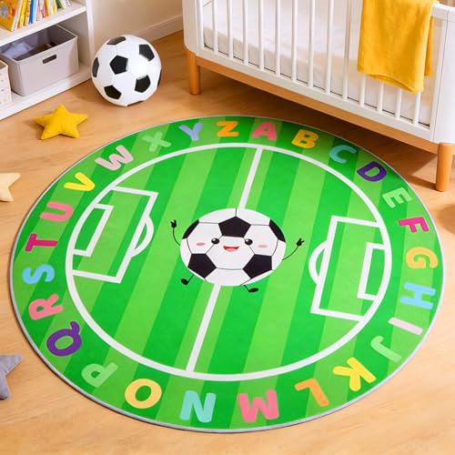 ZeffuLyne ABC Kids Rug, 4ft Kids Soccer Playroom Rug Soft Alphabet Area Rugs Non-Slip Circle Rugs for Baby, Toddlers, Boys Girls, Soccer Play Mat for Playroom, Nursery