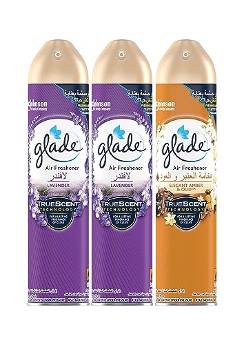 Glade Aerosol Room Freshener Spray 2 x Lavender & 1 x Elegant Amber Oud Fast Acting Odour Eliminator Home Fragrance Air Freshener 300ml (Pack of 3)