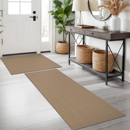KOZYFLY Area Rug Runner Sets of 2 Pcs 2x3 and 2x5 Washable Kitchen Rugs Non Slip Rubber Backed Hallway Rug Woven Cotton Entrance Rugs for Front Porch Bathroom Kitchen Bedroom, Tan/Orange/Brown