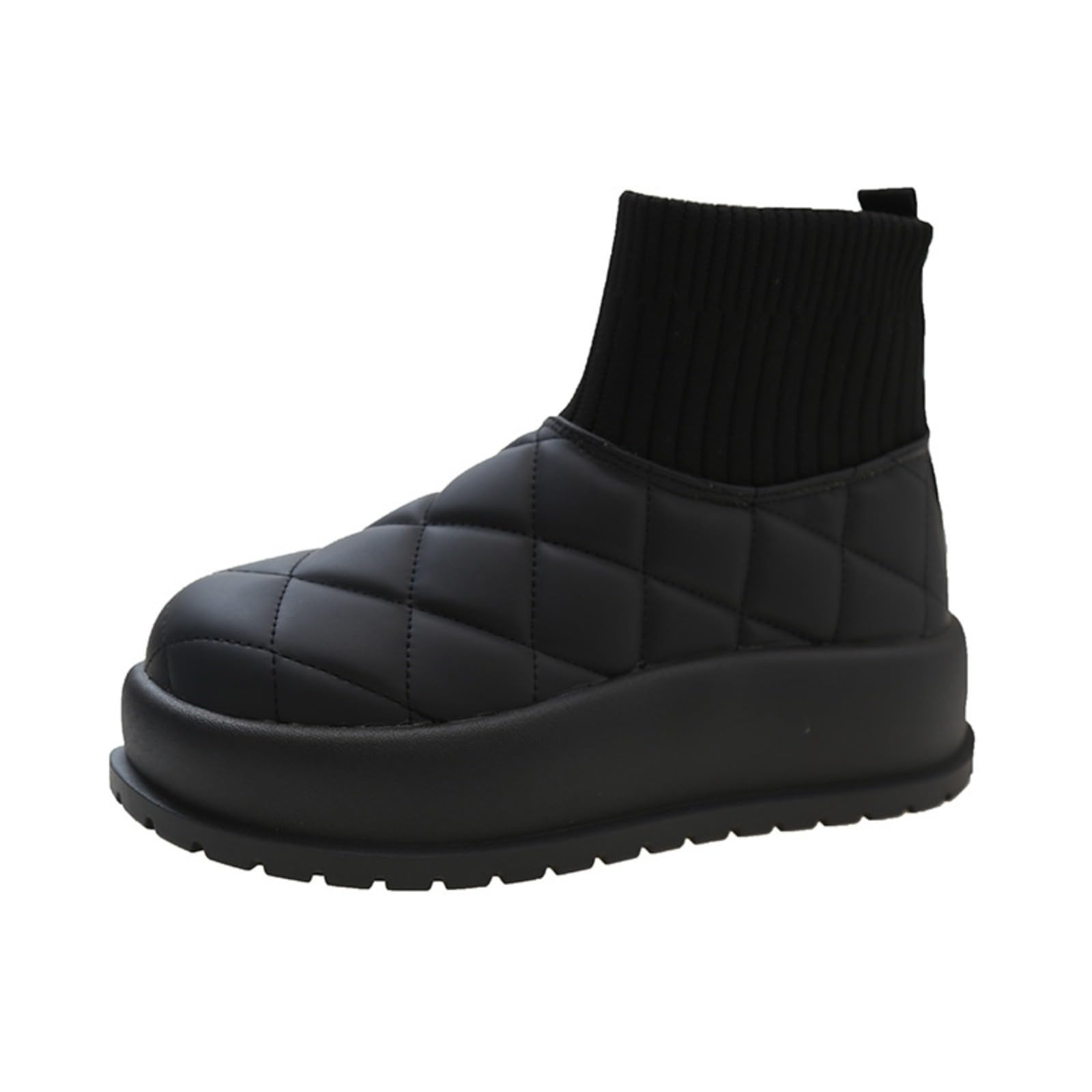 Womens High-Top Snow Boots Fleece-Lined Winter Cotton Boots Chunky Sole Warm Boots Elastic Slip-On Design Black 7