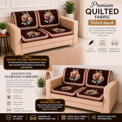 Image of Homerz 'Brooklyn Series' Premium Sofa Cover | Quilted Floral Design | Non-Slip Washable Sofa Protector | Soft Anti Slip Fabric (Brown, 2 Seater, Seat Cover with Backrest)