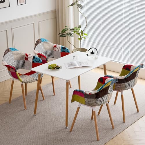 GrandCA HOME Ensemble Table et Chaises, tTable Carrée de 110 cm et 4 Fauteuils en Lin Patchwork, Idéal pour la Salle à Manger, la Cuisine et Le Salon (Blanc...