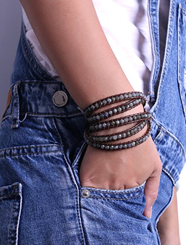 Image of C.QUAN CHI Natural Crystal Bead Bracelet Leather Wrap Bracelet 5 Wrap Stackable Braid Bracelet Bangle Jewelry Birthday Gifts