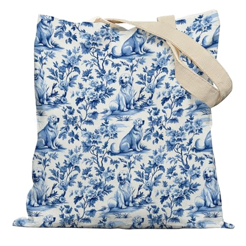 APJYM French Country Golden Retriever Tote Bag, Golden Retriever Gifts for Women, Blue and White Chinoiserie Dog Canvas Tote Bags for Women, Vintage Dog Reusable Grocery Shopping Bag