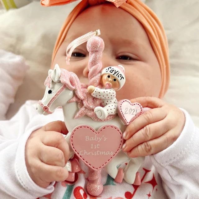 Miniatura 3 de Personalized Babys First Christmas Ornament, Exquisitely Pink Baby Carousel Ornament With Baby's Name Custom Newborn Christmas Tree Decor (Style 1)