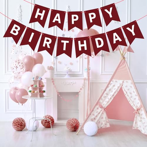 Image of Hooqict Burgundy Happy Birthday Banner Sign for Backdrop Burgundy Birthday Party Decorations for Kids Girls Women Party Banner Wall Porch Door Hanging Garland