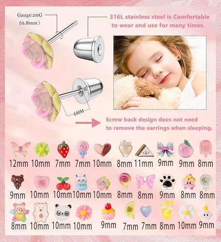 Image of 30 Pairs Mini Screwback Earrings for Girls, Kids & Family - Flat Back Acrylic Earring with Stainless Steel Posts | Assorted Cute Charms | Secure Fit for Daily Wear & Parties