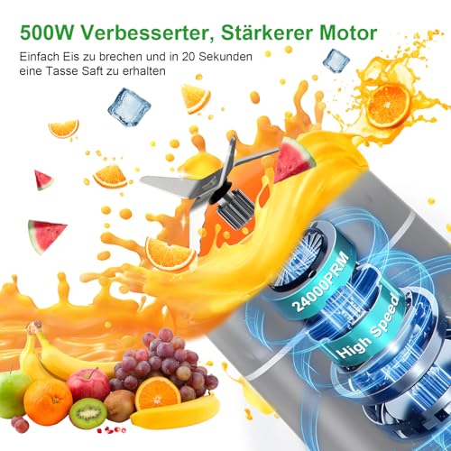 Mixer, Smoothie Maker, 500W Mini Standmixer mit 2x570ml Tritan BPA Freier Flasche, Tragbarer Edelstahl Blender, Geräuscharm, Leicht zu Reinigen, 4-Klingen-System, für Jede Art von Shake und Smoothie – Bild 3