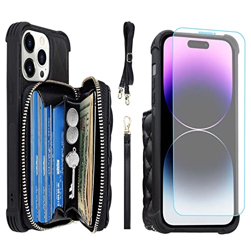 MONASAY Zipper Wallet Case Fit for iPhone 14 Pro Max, 6.7in [Glass Screen Protector ][RFID Blocking] Flip Leather Handbag Phone Cover with Card Holder & Crossbody Lanyard Strap, Black