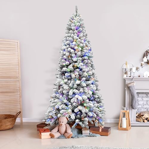 Fraser Hill Farm 9-Ft. Alaskan Pine Flocked Artificial Christmas Tree with Dual Multicolor & Warm White LED Lights and Stand, Prelit Foldable Fake Tree with Realistic Snowy Foliage for Home Decor