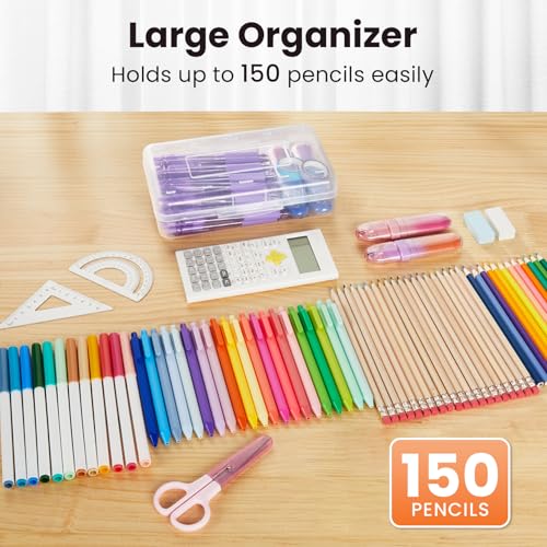 Image of Sooez Plastic Pencil Case Box 6 Pack, Large Crayon Maker Pen Organizer | Large Storage Containers with Snap Lid, Stackable Marker Craft Art Supply Storage Organizer, Pen Case for School Supplis,Blue