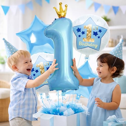 Image of 1st Birthday Foil Balloon Set Blue Number 1 Crown Balloon with Star and Round 1st Birthday Balloons for Baby Boy First Birthday Party Decoration - Pack of 5