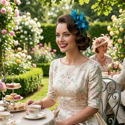 Image of DRESHOW Womens Fascinators Hats Tea Party Hats for Women Pearl Lace Feather Hat Vintage Derby Hats for Wedding Cocktail