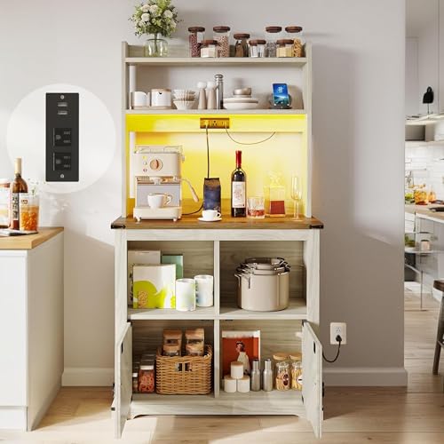 YITAHOME Bakers Rack Cabinet, Microwave Stand with Power Outlet & RGB LED Lights, Farmhouse Coffee Bar Station with Storage, 5-Tier Kitchen Pantry Hutch for Dining Living Room,White Walnut G