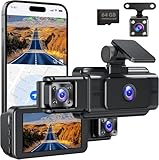 Dash Cam Front and Rear, 3 Channel Dashcam Car Camera with 64GB SD Card, Wi-Fi, Night Vision, 3' IPS Display, G-Sensor, APP Control, Loop Recording for Cars, Vans, Trucks (Silver)