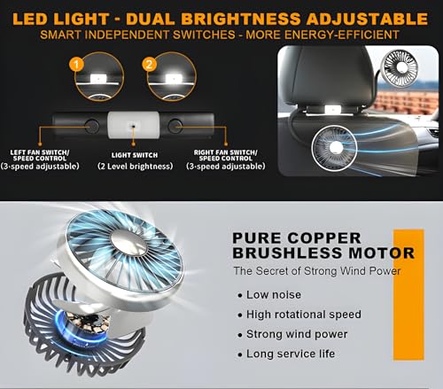 Image of RIGGEAR Car Fan, Back Seat Car USB Fan with Dual Head 3 Speed Adjustable Cooling Air with 360 Flexible Rotation, Independent Switch USB Car Fan for Seat Headrest with Small LED Lamp