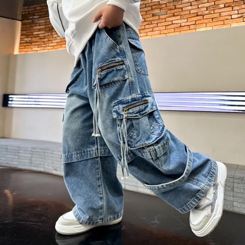 Baggy Cargo Jeans for Teen Boys Kids Casual Relaxed Fit Elastic Waist Wide Leg Tassel Zipper Denim Pants with Pockets2