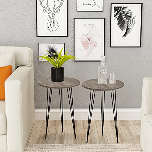 Pak Home - Set Of 2 Pine Wood Grey End Table – Round Wood Sofa Side Coffee Tables For Small Spaces, Nightstand Bedside Table For Bedroom, Living Room, Home Office, Balcony #TOP2