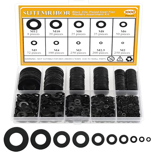 Sutemribor SUTEMRIBOR-FLAT-WASHERS 1000 Pieces 9 Sizes Black Zinc Plated Steel Flat Washers thumb #7
