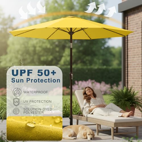Image of 9' Solar LED Patio Umbrella with Tilt & Crank|8 Sturdy Ribs,UV Protection,Outdoor Market Table Umbrella for Deck,Lawn,Pool,Backyard(Yellow)
