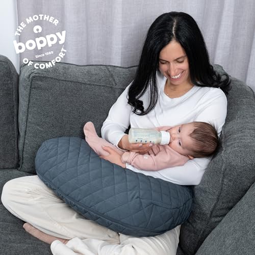 Image of Boppy Nursing Pillow, Luxe Ergonomic Breastfeeding & Baby Feeding Support | High, Firm, Large Area Cushion, Water-Repellent Liner, Washable Cover, Wider Opening, Flexible Fiber Fill -Quilted Slate Blue