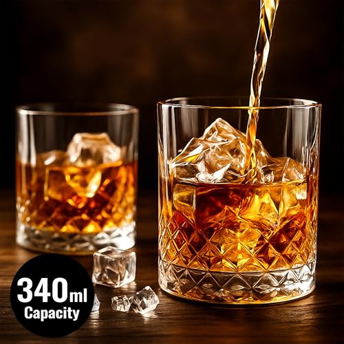 Image of Whiskey Glass Set - Whisky Glasses - Crystal Clear Tumbler Set for Scotch, Bourbon, Cocktails & Old Fashioned, 340 ml Stylish Heavy Base Glassware for Bar, Home, Party & Gift, WHISKEYGLASS 6 Notch