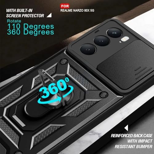 Image of SPAZY CASE Realme Narzo 80x 5G Back Cover | Heavy Duty Hybrid Case with 360 Degree Rotating Finger Ring Holder + Slider Shutter Camera Protection Case for Realme Narzo 80x 5G - Black
