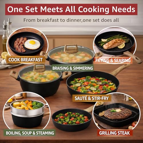 Image of Bazova 23-Piece Pots and Pans Set Non Stick,Titanium Ceramic Cookware Set Non Toxic,Long-Lasting,PFAS Free,Induction Compatible,Complete Kitchen Set with 3 Frying Pans for All Cooking needs