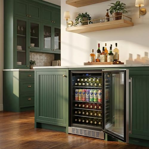 Image of Empava 24 inch Undercounter Beverage Cooler Refrigerator with Glass Door, Freestanding Drink Fridge with LED Light, Touch Control, 140 Cans Capacity
