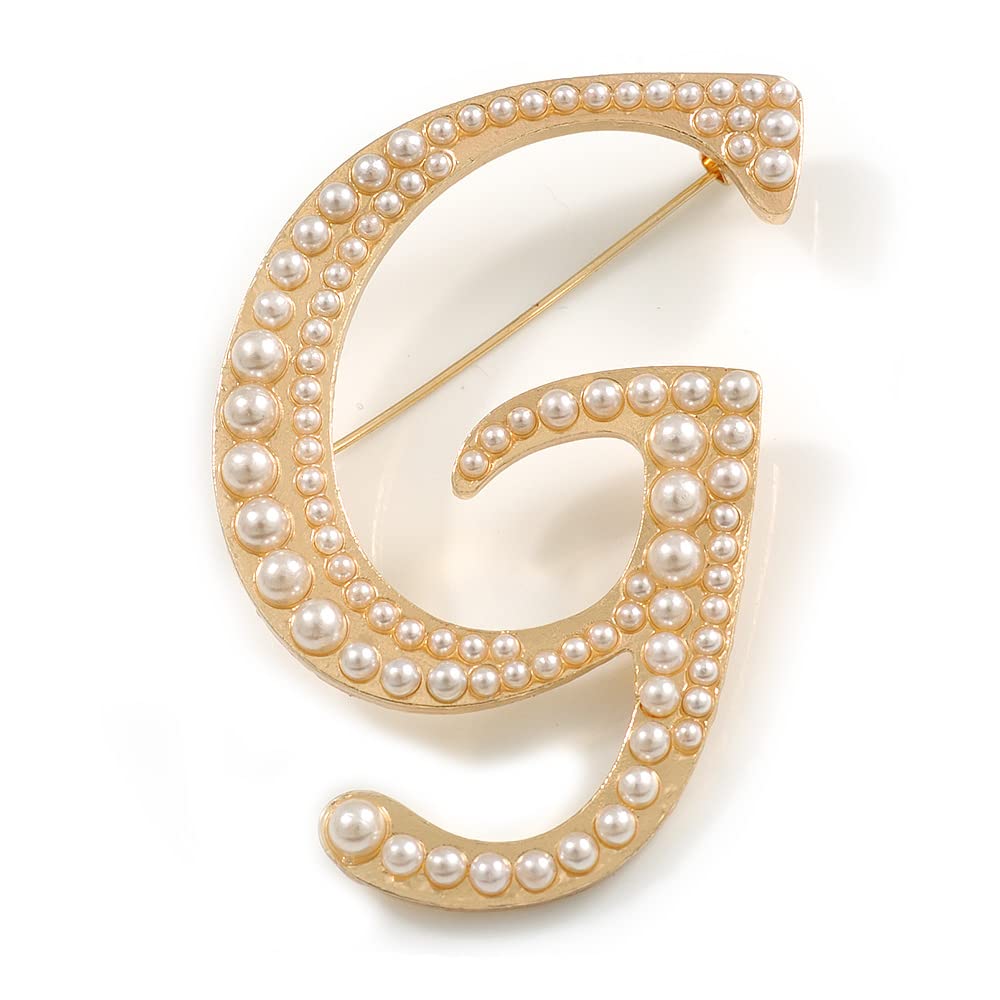 G' Broche Grande Chapado En Oro Con Perla Sintética Blanca Con Letra G Del Alfabeto, Regalo Personalizado – 60 Mm De Alto, Talla única, Sin Tipo De