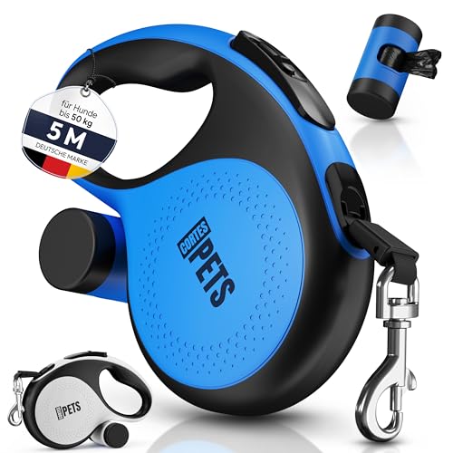 CORTES PETS Guinzaglio per cani allungabile Retrattile 5m, con sacchetto per escrementi per canii fino a 50 kg, ideale per cani di taglia grande, media e piccola. (Blu, L - 5m - fino a 50 kg)