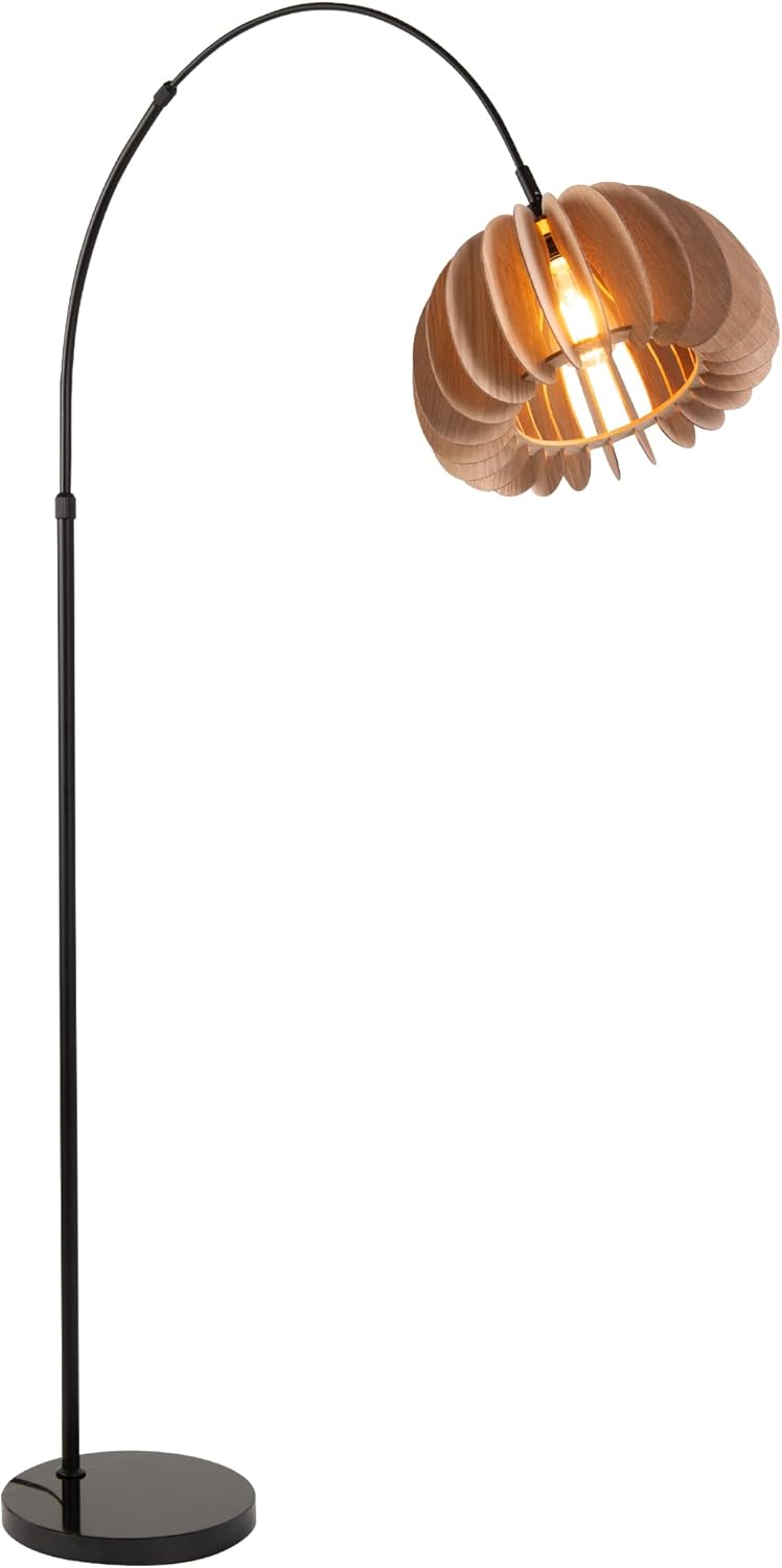SUNLLOK 73" Modern Metal Arc Floor Lamp with Wooden Lampshade, Adjustable Height Black Metal Base Arched Corner Lamp, Large Curved Standing Lamp for Office, Living Room, Dining Room