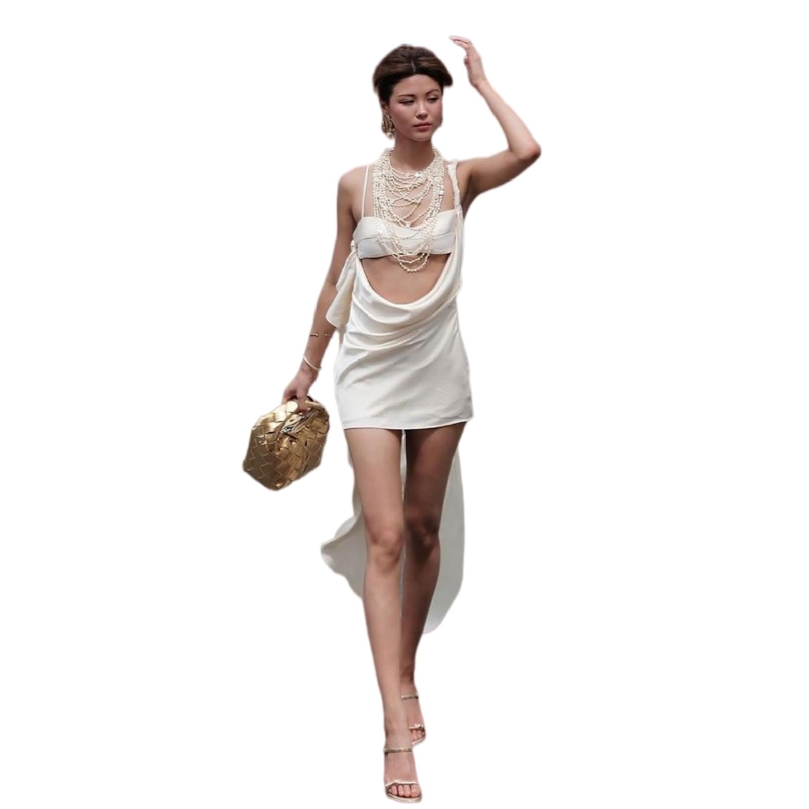 Vestito Elegante Donna Bodycon Mini Abito Una Spalla Senza Maniche Schienale Piegato Tassel Club Party Dress-Champagne-l