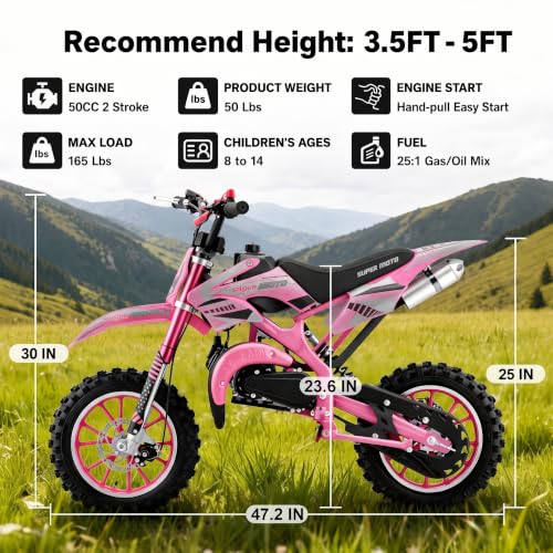 Image of 50cc Dirt Bike, 2 Stroke Gas Mini Bike for Kids 8-15 with Front Rear Disc Brakes