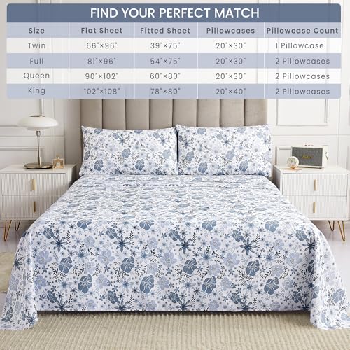 Image of Mooreeke Twin Size Sheets Set - 3 Piece Soft Breathable Microfiber Bed Sheet Set - Blue & White Flower Pattern Sheet Set Full - Deep Pocket Non-Slip Floral Fitted Sheet Included for All Season