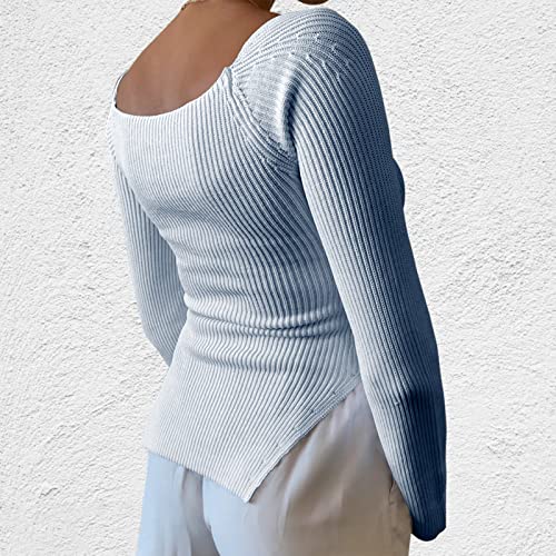 Image of Women's Square Neck Ribbed Knitted Sweater Long Sleeve Crop Slim Fitted Basic Pullover Tops
