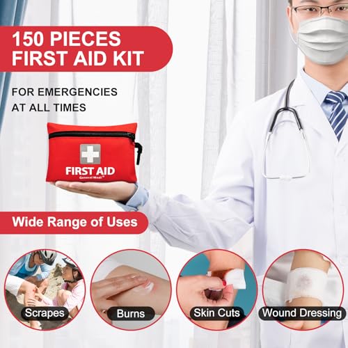 General Medi 150 Pieces Small First Aid Kit - Includes Emergency Foil Blanket, Scissors for Travel, Home, Office, Vehicle, Camping, Workplace & Outdoor (Red) - Image 6