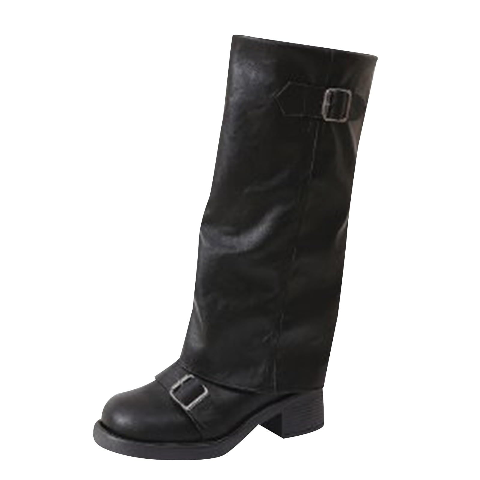 Generico Stivali Donna con Tacco Invernali Autunnali Texani Cowboy Stivaletti Alti Stivali al Ginocchio Stivaletti Punta Stivaletto Wide Fit con Plateau Blocco scarpe Gamba Larga in Pelle