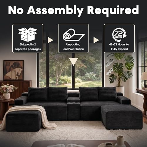 Image of 140 inch Modular Sectional Sofa Couch, Oversized U Shape Cloud Couch with 2 Ottomans, Storage and Cupholders, Corduroy Sofa Boneless Couches for Living Room, No Assembly Required, Black