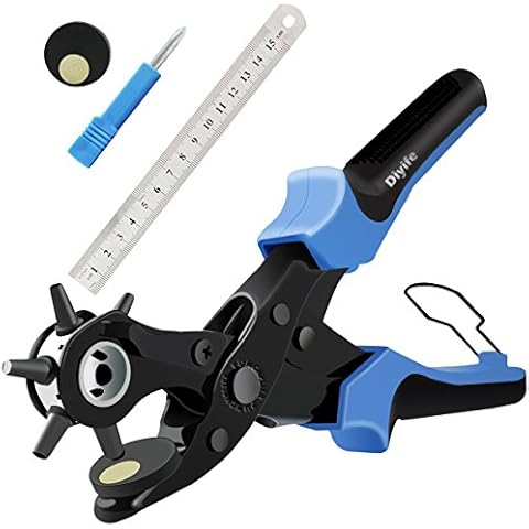 Leather Hole Punch, [Upgraded Version][Perfect Full Set] Diyife Belt Puncher, Heavy Duty Revolving Plier Tool with 2 Extra Plates and Ruler, Multi Sized for Crafts, Card, Rubber, etc, Blue Cover