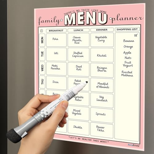 Image of AccuPrints A4 Family Meal Planner, Magnetic Whiteboard with Marker, 29 x 21 cm, Dry Erase Flexible Writing Film for Kitchen Fridge /Office Godrej /Metal Wardrobe | Weekly Meal Panner