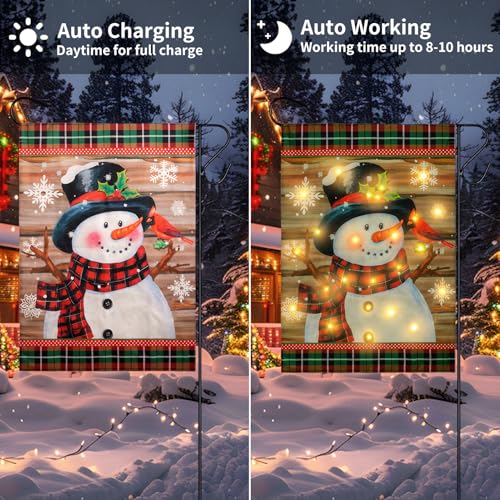 Buffalo Plaid Burlap Lighted Winter Garden Flag - 28x40in Double Sided Christmas Snowman Flag with Solar LED Lights for Outdoor Decorations