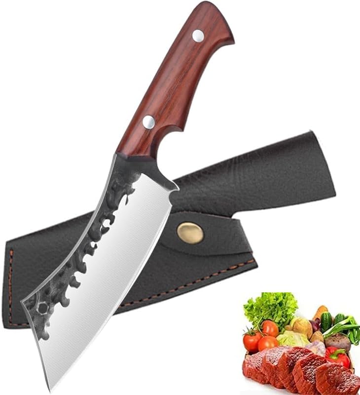 Meat cleaver,Cleaver Knife Stainless Steel Boning Knife Kitchen Utility Knife Meat Cleaver Butcher Knife Handmade Forge Knife Wooden Handle With Sheath