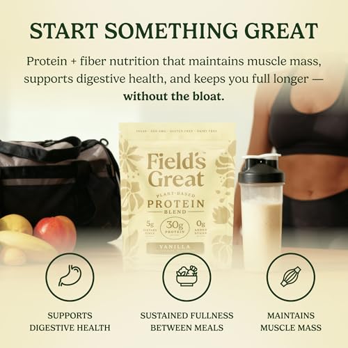 Image of Field's Great All-in-One Plant-Based Vanilla Protein Shake Powder - Healthy Aging, 30g Protein, 5g Fiber + Probiotics, Gut-Friendly, Blood Sugar & Muscle Support, Vegan Meal Replacement, GLP1, 23oz