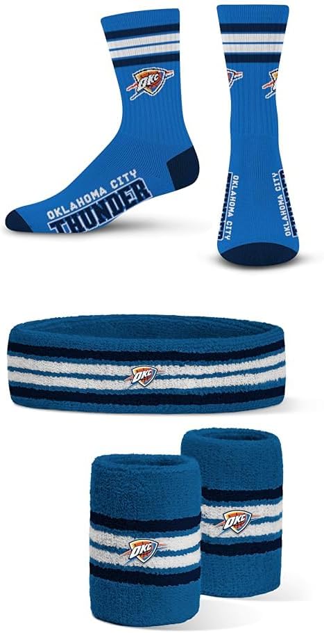 For Bare Feet Oklahoma City Thunder Fan Bundle NBA Youth 4-Stripe Deuce Crew Socks + Official Headband & Wristband Combo Pack (Youth OSFM)