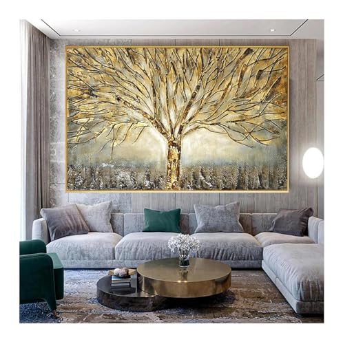 Tableau abstrait d'arbre d'or pour habiller un mur vide avec un cadre interne inclus