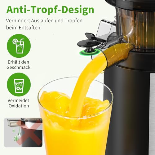 AIRMSEN Slow Juicer, Entsafter Gemüse und Obst mit 82mm Großem Einfüllöffnung für ganze Früchte entsaften, Max 450W BPA freie Cold Press Juicer Machine mit 2 Behälter und Bürste - Schwarz – Bild 6