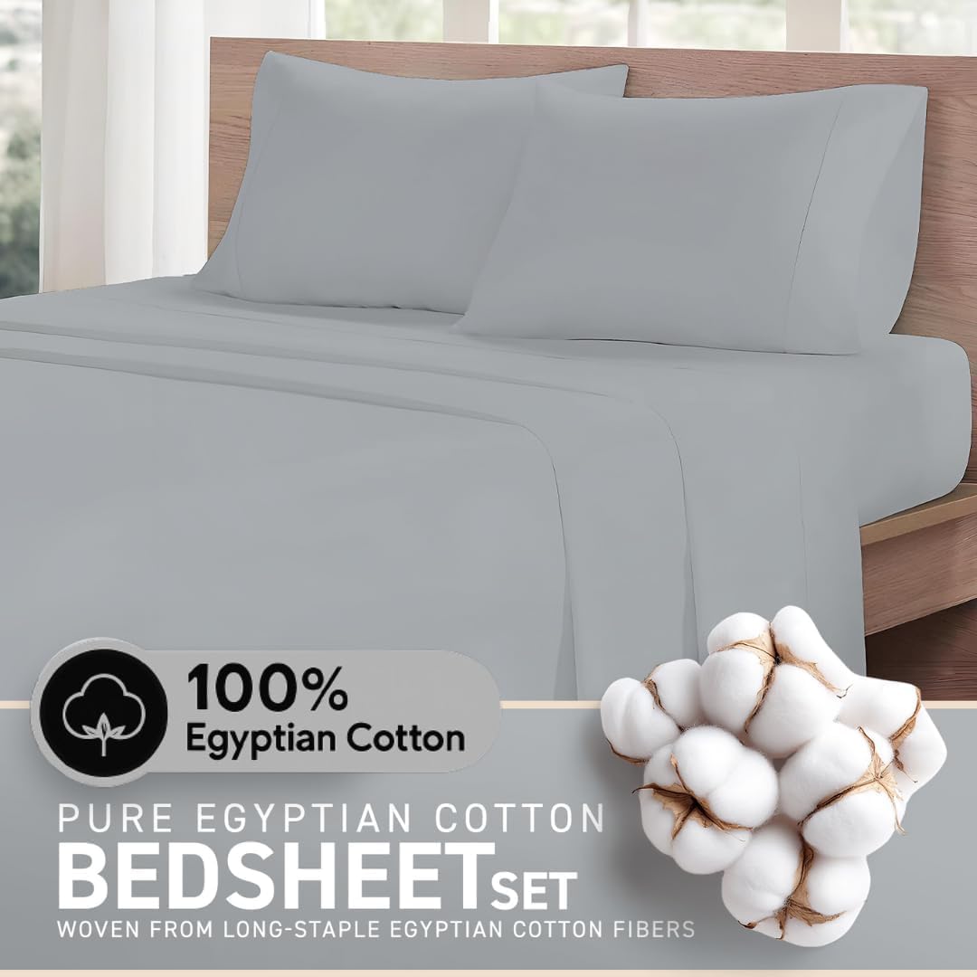 Luxury Egyptian Cotton Queen Size Sheet Set - 1000 Thread Count 6 Piece Queen Sheets with 4 Pillowcases, Soft, Cooling Sateen Weave Bed Sheets - Fits Upto 16” Deep Pocket - Light Gray